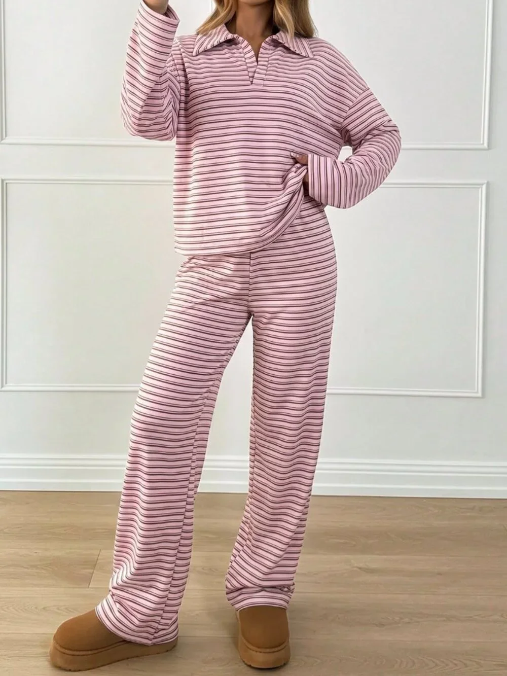 Pink Casual Women's Striped V-Neck Drop Shoulder Long Sleeve T-Shirt & Pants Set